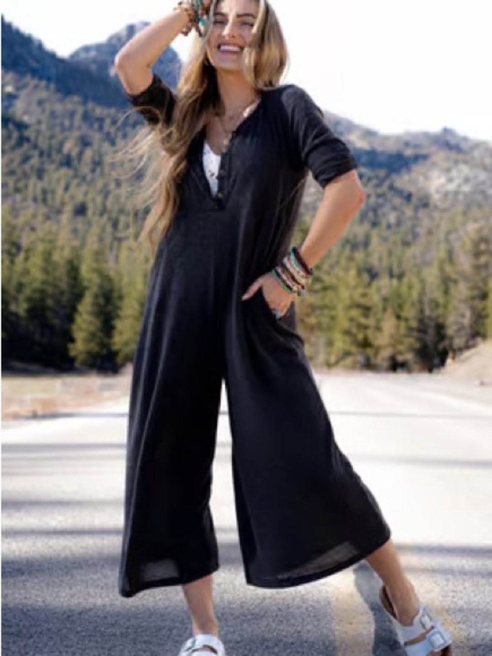 Three Bird Nest Washed Black Wide-Leg Jumpsuit
